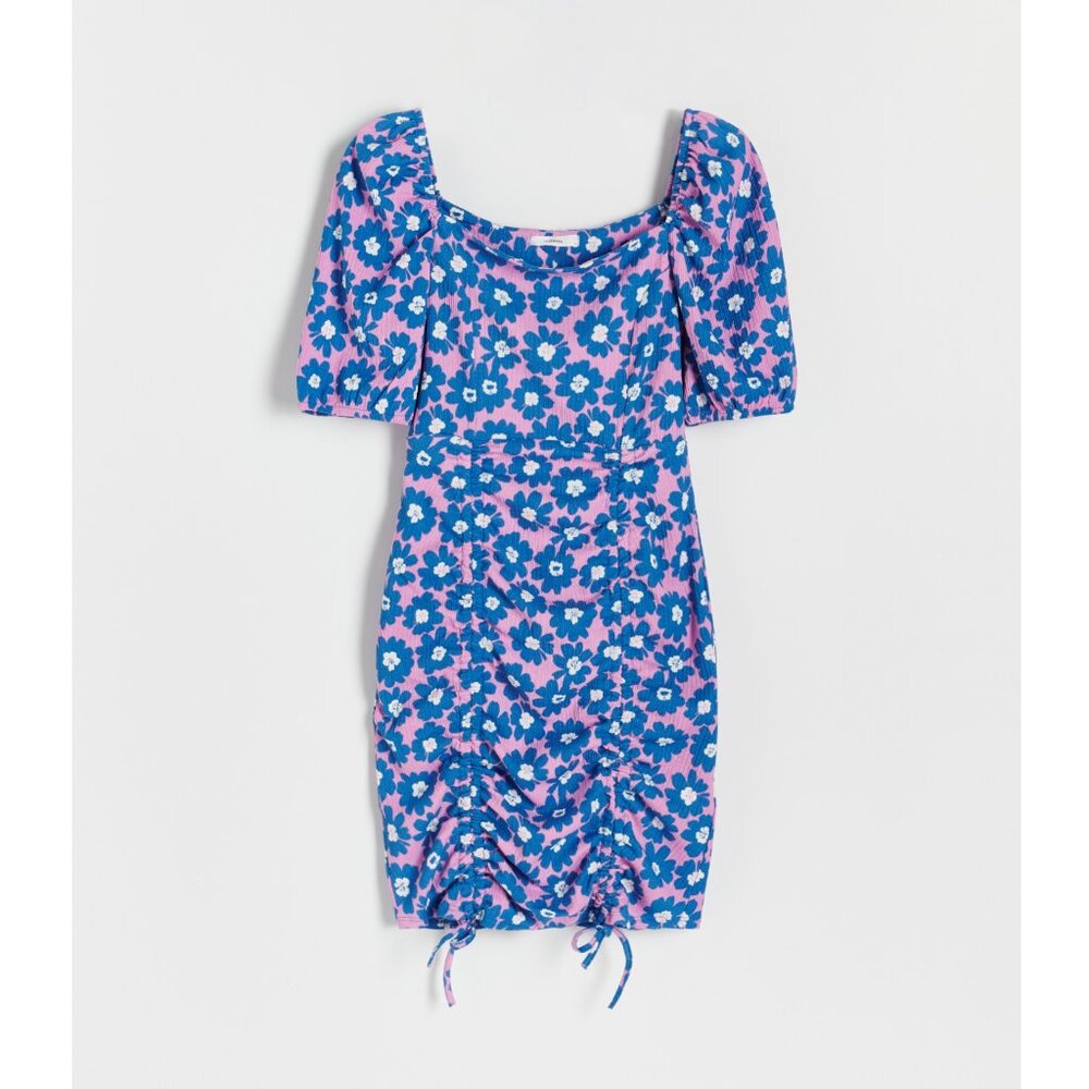 Pop Floral Mini Dress Reserved Cinch Puff Sleeve Bodycon